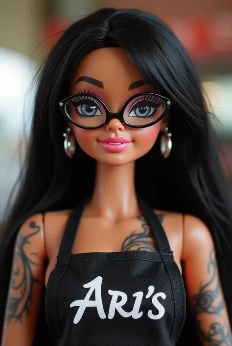  Barbie with super long and black eyelashes  ,with transparent frame lenses , earring on the nose on the right side and black hair  , with fair skin and tattoos on the arms and an apron with the phrase lashes Ari's 