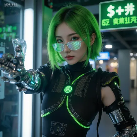 Full body,Athetic, tone body,A futuristic cybernetic scientist and hypnotist, Nico Quantum she has vibrant green bob-cut hair, glowing green eyes with a hypnotic swirl pattern, and wears sleek high-tech glasses with holographic displays. Her outfit is a th...