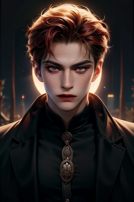 young guy, handsome face, red hair, hazel eyes, charming gaze, looking at the viewer, vampire style, full moon background, (eye details, face details, body details), (make clear and good images), (make 4k and 8k images), (masterpiece)