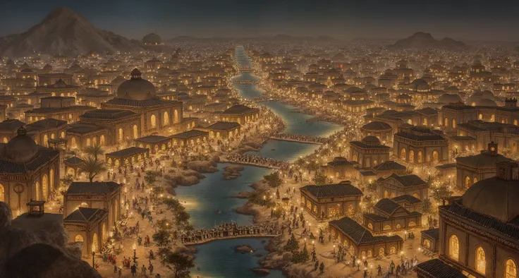 A wide shot of a bustling arabian 6th century city at night, illuminated by countless lamps and torches, with figures moving through the streets, suggesting prosperity and cultural exchange. Focus on the arabian architecture and the lively atmosphere
