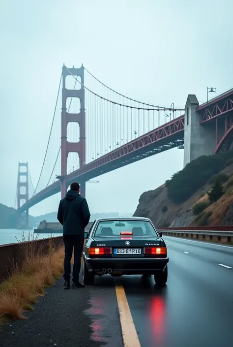 there is a man standing next to a car on the side of the road, a picture by Max Dauthendey, pexels contest winner, realism, standing in road, on a road, shot on canon eos r 5, shot on canon eos r5, shot on sony a 7, connected with hanging bridge!!, shot on...