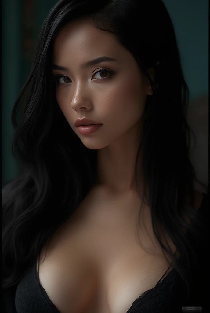 a very sexy woman,long straight black hair,black neckline,close-up view,big breast neckline,part of her breast,detailed face,beautiful eyes,beautiful lips,extremely detailed face,extremely detailed eyes,detailed skin,flawless skin,porcelain skin,intricate ...