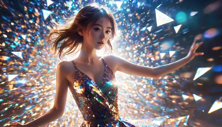  1 girl， beautiful，Glittering， motion blur，triangle，Cinematic lighting effects