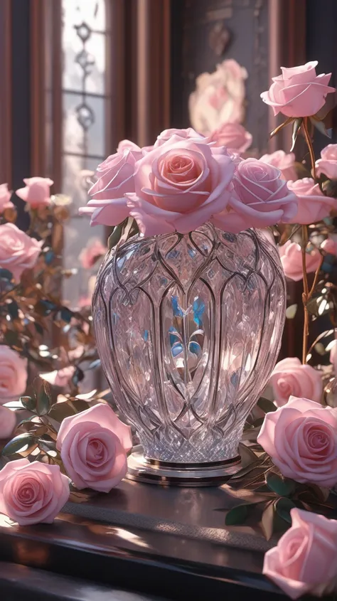   Made of clear black Venetian glass crystal glass、 There are so many beautiful roses that are very long, Narrow base  ,There are so many beautiful roses  , soul,  fairy tale, soul、soul,    colorful  ,  gold,  Cinematic pastel lighting  , 8k,  Bage design ...