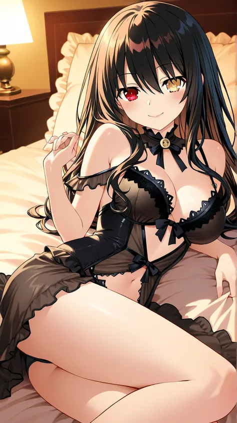 An anime-style illustration of Kurumi Tokisaki from the Date a Live, lying in a luxurious bedroom while wearing stylish black lingerie. She exudes a mischievous charm, her lips slightly tilted. Her arms are raised behind her head to show off her underarms....