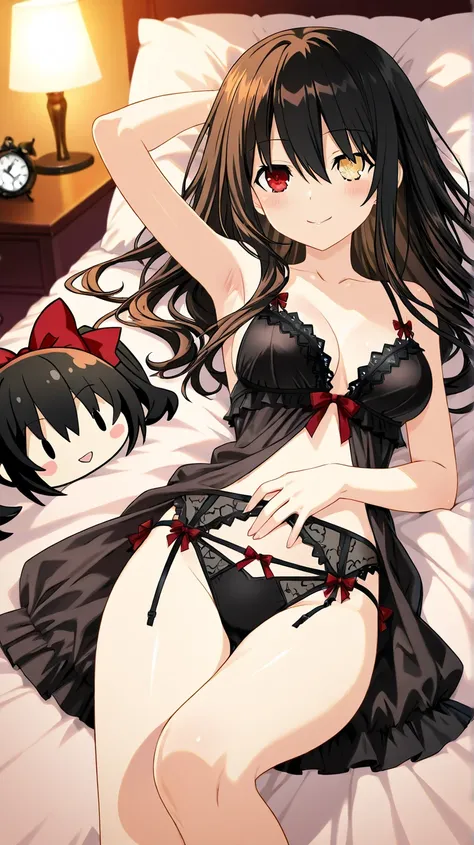 An anime-style illustration of Kurumi Tokisaki from the Date a Live, lying in a luxurious bedroom while wearing stylish black lingerie. She exudes a mischievous charm, her lips slightly tilted. Her arms are raised behind her head to show off her underarms....