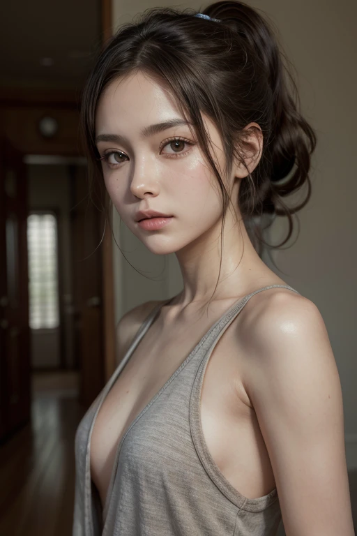 shasa from the anime Shingeki no Kyojin, shoulder length hair, brown hair, ponytail, ponytail, beautiful, beautiful woman,  realism, masterpiece, textured skin, super detail, high detail, high quality, best quality, 1080p, 16k