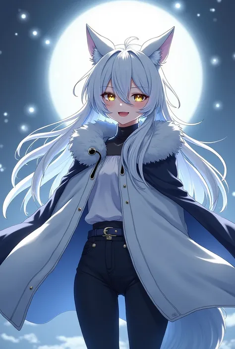 ( top quality,  borrowed letter ,  official art , beautiful and aesthetic :1.2) female anime, wolf girl, rebellious girl, long white hair with bangs covering the right side of the face,  golden eyes,  white wolf ears , voluminous blue tail ,  voluminous wh...