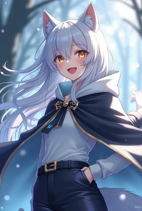 ( top quality,  borrowed letter ,  official art , beautiful and aesthetic :1.2) female anime, wolf girl, rebellious girl, long white hair with bangs covering the right side of the face,  golden eyes,  white wolf ears , voluminous blue tail ,  voluminous wh...