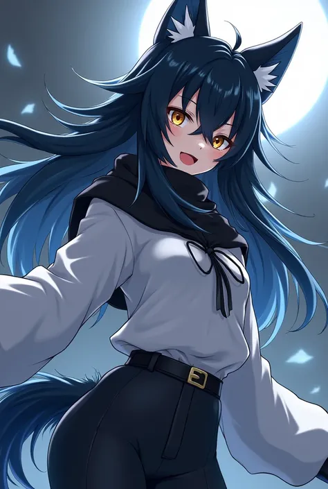 ( top quality,  borrowed letter ,  official art , beautiful and aesthetic :1.2) female anime, wolf girl, rebellious girl, long black hair with bangs covering the right side of the face,  golden eyes,  black wolf ears, voluminous blue tail ,  voluminous whi...