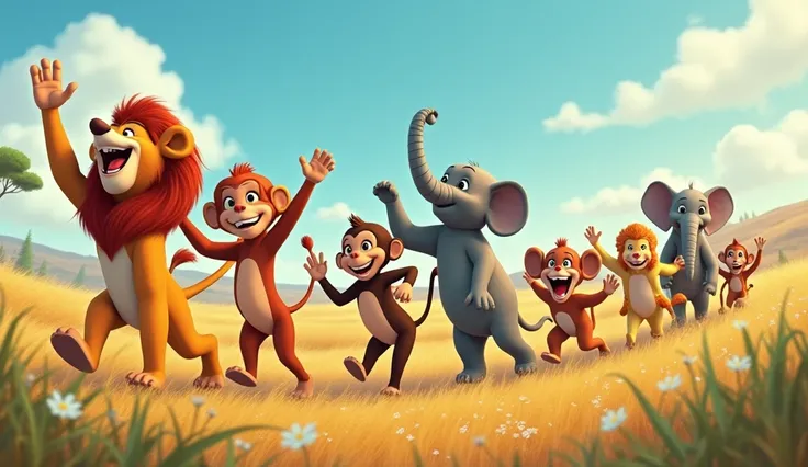 Disney Pixar animation style, wave goodbye as they march into the distance, ending with a cheerful “ lion monkey elephant and all kine of animals 