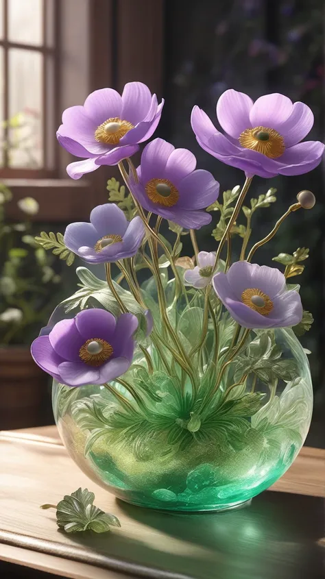   Made of clear green Venetian glass crystal glass、There are so many beautiful anemones that are very long, Narrow base  ,There are so many beautiful anemones  , soul,  fairy tale, soul、soul,    colorful  ,  gold,  Cinematic pastel lighting  , 8k,  Bage de...