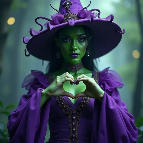 woman green skin, purple ouTfiT, voodo haT, lovely wearing hand hearT
