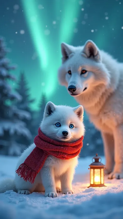 "A beautifully detailed fluffy Arctic wolf pup with large, expressive blue eyes, wearing a cozy red scarf, standing in a snowy landscape under the mesmerizing northern lights. Behind the pup, a majestic mother Arctic wolf stands tall, her thick white fur g...