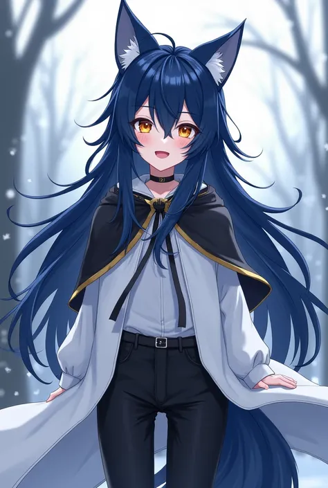 ( top quality,  borrowed letter ,  official art , beautiful and aesthetic :1.2) female anime, wolf girl, rebellious girl, long blue hair with bangs covering the right side of the face,  golden eyes,  black wolf ears, voluminous blue tail ,  voluminous whit...