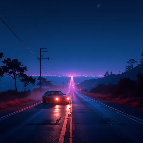 A peaceful nighttime scene of a long, open freeway stretching into the horizon, illuminated by soft neon lights and distant city glows. A sleek car is parked on the side of the road, its headlights softly glowing, casting a warm reflection on the smooth as...