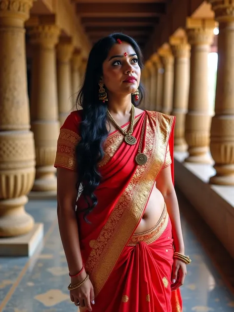 Indian chubby Maharashtrian women wearing traditional saree standing in mandir , sexy navel , big breast , long hairs , make up , dark eyeliner , photorealistic , realism , natural lighting , 8k resolution ,