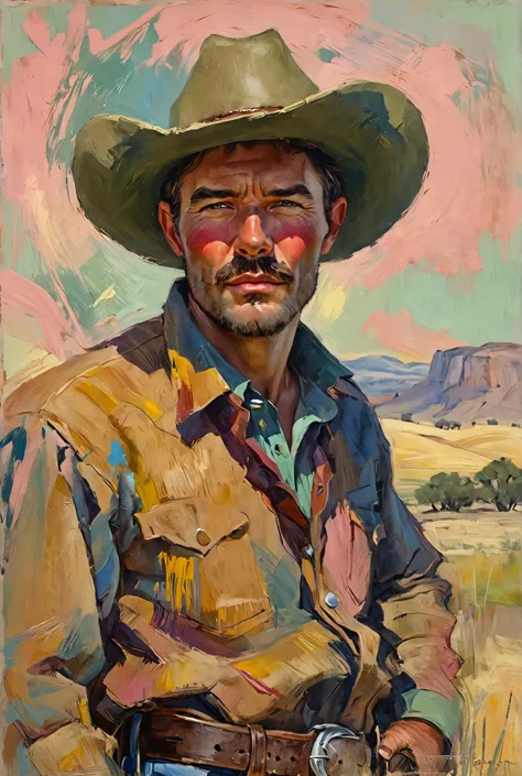 Create a bold and expressive portrait of a cowboy wearing a wide-brimmed hat that casts dramatic shadows over their face, evoking a sense of rugged mystery and confidence. Use thick, textured brushstrokes and a rich, layered color palette dominated by cool...