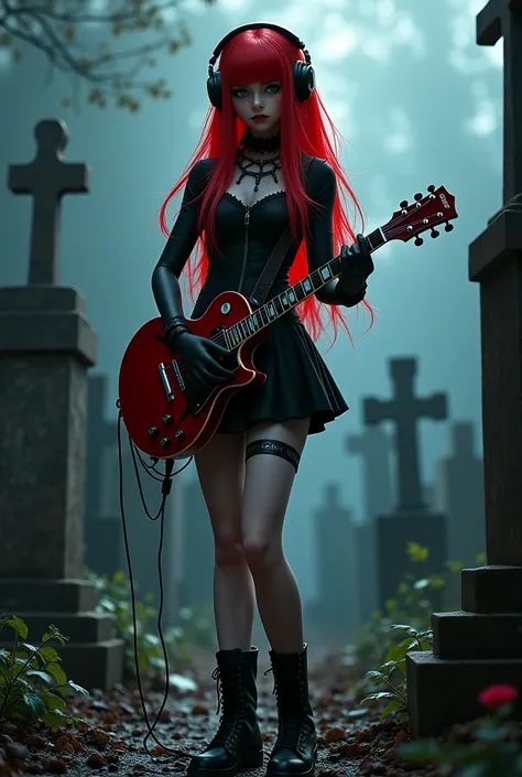 Emily Alyn Lind details  girl vampire shold witch with long red air  with miniskirt black and headphones long red air playing a guitar in a cementery