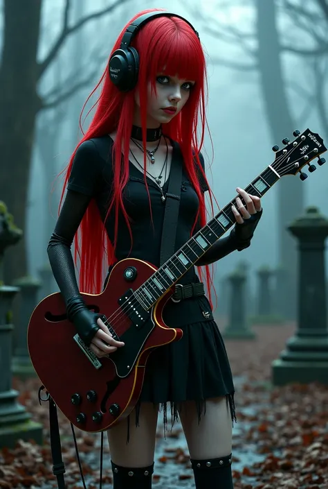 Emily Alyn Lind details  girl vampire shold witch with long red air  with miniskirt black and headphones long red air playing a guitar in a cementery