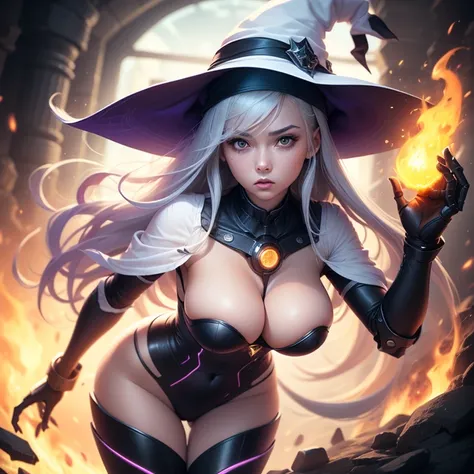  a girl, Alone,  big breasts,  looking at the spectator, annoyed,  black eyes , long hair,  white hair white clothes, witch hat , magic fire, purple fire,  fire in your hand , Take care of futuristic , robot