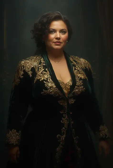 Fat woman, wearing a black velvet jacket with gold embroidered details on the shoulders and cuffs, arabesque, Art Nouveau, Flemish Baroque embroidery, Algerian flag in white, green and red (front focus)، (in the dark: 1.6), very realistic image, fantasy ar...