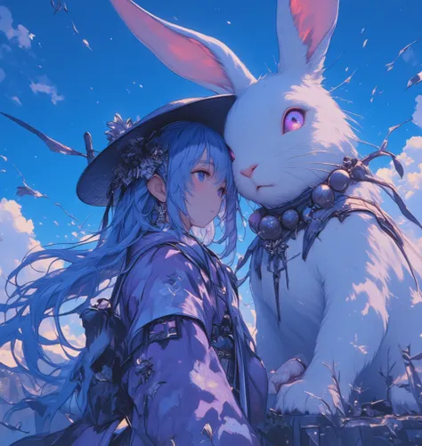 general plan, BREAK/ a splendid young girl in a traditional kimono, long light blue-purple hair, BREAK/ she wears an ultra-stylish Jingasa, BREAK/ next to her a giant rabbit with a ball necklace around its neck, the background behind her is a blue-colored ...