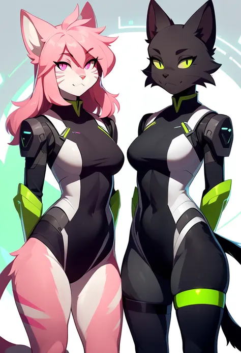 two feminine furry cat boys with black and white fur, one has white fur and the other has black fur, one cat boy has pink cat eyes and the other has green cat eyes, femboys, two cat boys side by side, one black cat boy and one white cat boy, fully clothed,...