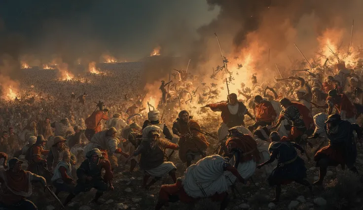 A chaotic battlefield scene at night, with figures of soldiers clashing in the foreground, illuminated by fires and torches. Focus on the chaos and intensity of the battle, with the caliphate forces, though fewer in number, gaining the upper hand