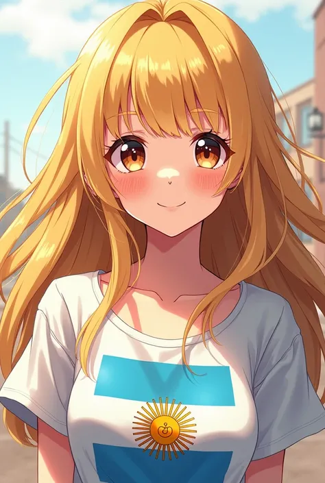  anime girl image,  blonde hair color ,  light brown eyes , Piercing on the nose and with the Argentinian t-shirt 