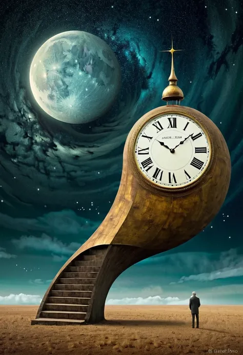  neo-surrealism ,  by Gabriel Pacheco and Max Ernst ,  Magical Realism Strange Art ,  Pop Surrealism, A surreal scene where a clock melts and bends due to a time travel accident, A Person Caught in Distortion and ,  Whimsical Art Melting in the Starry Sky ...