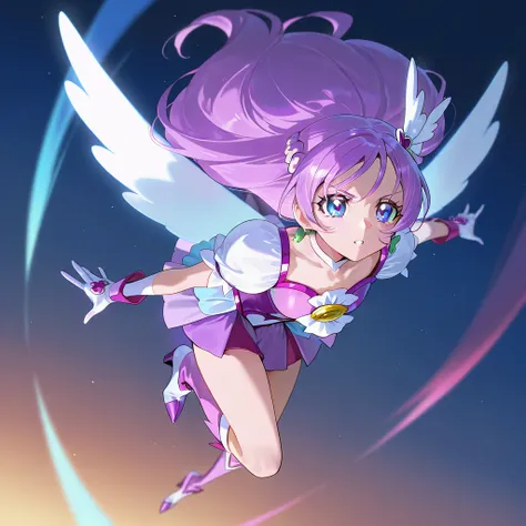 anime source, 1girl,  simple background, full body, flying, gloves, leotard, skirt, precure face, precure face, waist armor,
