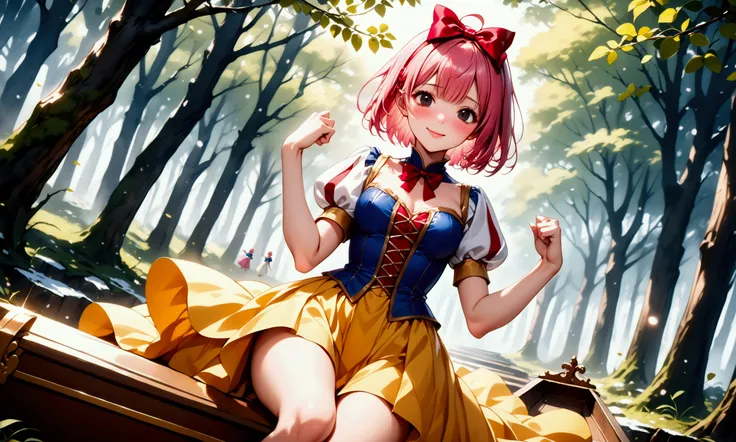 (((Picture book illustrations))), Fantasy World, (Medieval European), (Characters are on the edge), ((spring)), ((snow white cosplay, snow white (disney) (cosplay), cosplay, dress, hair bow, puff and slash sleeves, puffy short sleeves, puffy sleeves, red b...