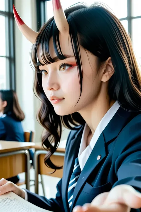 score_9, score_8_up, score_7_up, score_6_up, score_5_up, score_4_up, 1girl, crowd, (masterpiece, best quality:1.2), Cinematic photo, Japanese 18-year-old girl (semi long black hair, bangs reaching to her eyebrows, wavy hair, brown eyes, flat boobs), (oni h...