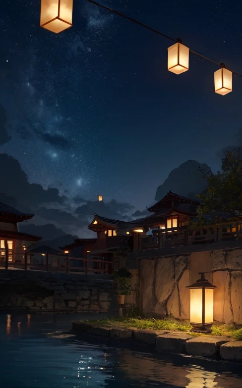 スカイランタンの Masterpiece, 最 high quality, 32K uhd,  messed up detail,  intricate details,  hyperdetail,  high quality,  high detail,  Super Detail,  Masterpiece, ( real water realistic water flowing water :1.1)ripple\r\T Cyan sky ,
 fantastic sight of lantern...