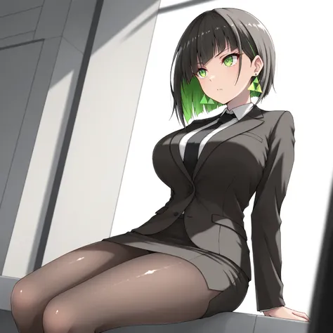 masterpiece, (((( best quality )))),1 girl, Japanese Anime ,,shiny skin, wearing a black suit,skirt suit, black tie , dark hair, short bob hair,The inner color of the hair is green, green eyes,isosceles triangle earrings, black tights,large breasts