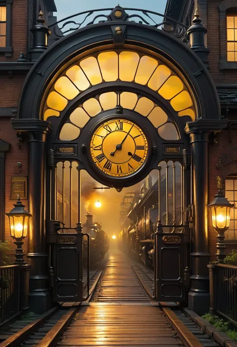 Steampunk art photo ,  Wide Shot ,   Strong Details , highly   Details,  photorealistic,  top quality,  high resolution,   Picture of a round mystery gate that opens in the middle of a steampunk station,  The gate shines in a yellow light Gl0w1ngr ,  A bla...