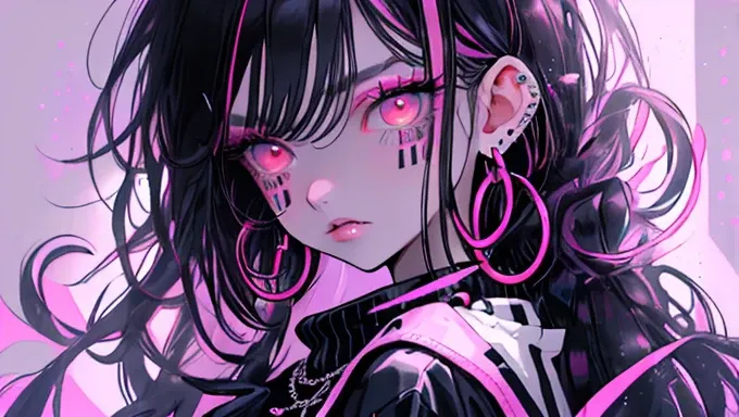 Niji Style, 1girl, solo, long hair, looking at viewer, eye glowing background, jewelry, closed mouth, jacket, upper body, BLACK hair, earrings, pink eyes, necklace, from side, sweater, lips, eyelashes, makeup, wavy hair, piercing, eyeshadow, hoop earrings,...