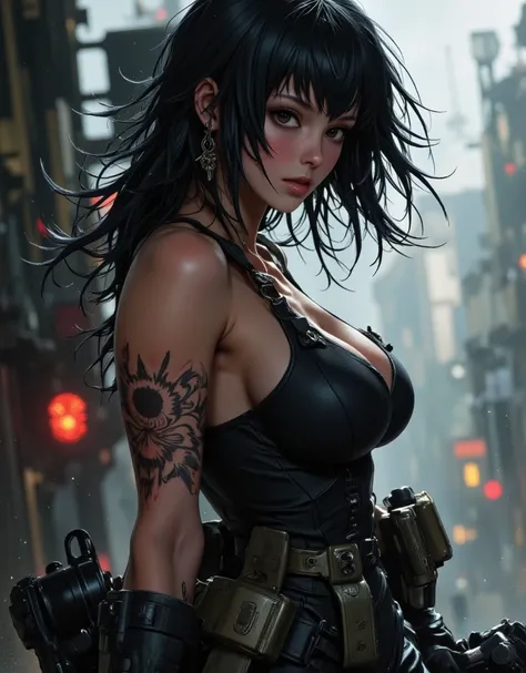 Black-haired military girl operative Mara with a gun in her hands and a tattoo