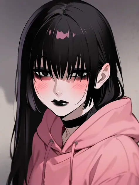 masterpiece, upper body, same face, 1girl, solo, goth,  goth makeup, smoky eyes, eyeshadow, eyeliner, black lipstick, hair over eyes, pink colored hoodie, blush, blushing, fullbody, Jujutsu kaisen anime style