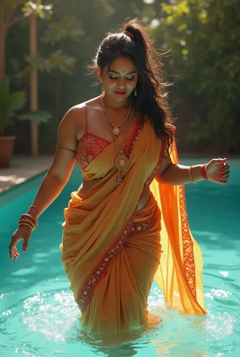 Tall slim South Indian aunty, with curvy figure dancing in the pool with a loose fitted saree big boobs big ass, messy ponytails hairstyle