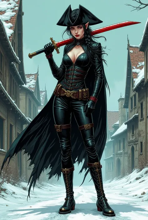 Detailed comics art of a dhampir young woman standing in an abandoned medieval village in winter. Snow-covered rooftops and icy roads stretch behind her, the cold wind swirling through the desolate scene. She has sharp features, white skin, pointy ears, an...