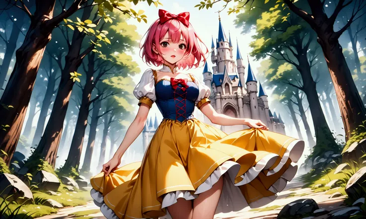 (((Picture book illustrations))), Fantasy World, (Medieval European), (Characters are on the edge), ((spring)), ((snow white cosplay, snow white (disney) (cosplay), cosplay, dress, hair bow, puff and slash sleeves, puffy short sleeves, puffy sleeves, red b...