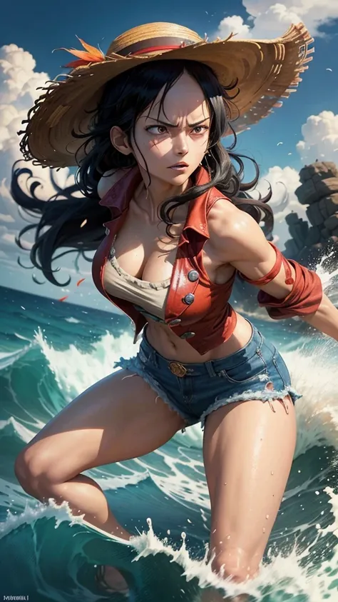 Luffy (One Piece) → Female Pirate Queen

A battle-hardened female pirate with long, messy black hair wearing an open red coat and denim shorts. She smirks with wild excitement, her arm stretched back, ready to unleash a massive Haki-infused punch. Fiery re...