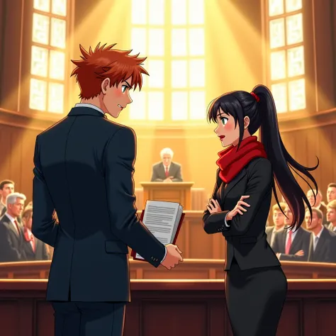 A grand anime-style courtroom, illuminated by dramatic golden sunlight pouring through towering windows, sets the stage for an intense confrontation as Sam, a determined young man with sharp auburn hair tied back messily and piercing green eyes, stands unw...