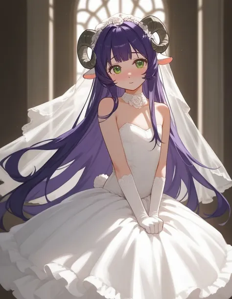 One, score_9,score_8_ upwards,score_7_ upwards,   sheep horns, lamb tail ,  Anthropomorphic ram ,  light skin , flat chest,  purple hair, purple long hair ,  light skin ,  green eyes ,  Very long hair,  wedding dress ,   indoor skirt,  shy pose , hands beh...