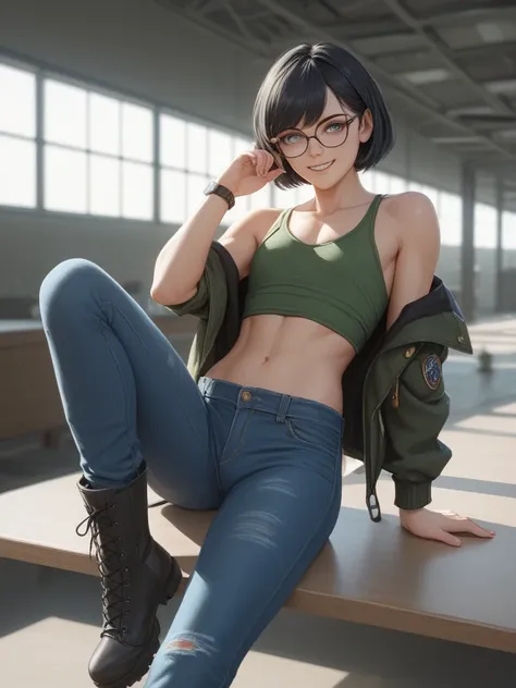 　 Small eyes, three white eyes, Alasaa　 Japanese　Glasses　Otaku　 1 woman　   black hair　  short bob　 sadist　teeth　smile　slender　   small boobs　  flat chest　　   toned body 　 MILITARY JACKET 　dark green tank top   　belly button　   concrete room under lay 　  　 ...