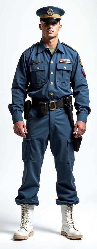 military uniform, blue shirt with pants, white boots, 2014-2015 The guy stands at full height and straight.Stands straight.A type of uniform worn during war or regular service.With weapons and equipment.Dressed inwhite tactical gear