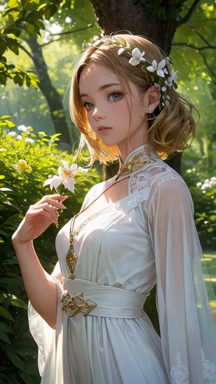 detailed portrait of a young woman with a serene expression, golden hair cascading down her shoulders, wearing a flowing white dress, standing in a lush, verdant garden with blooming flowers and sunlight filtering through the trees, (best quality,4k,8k,hig...