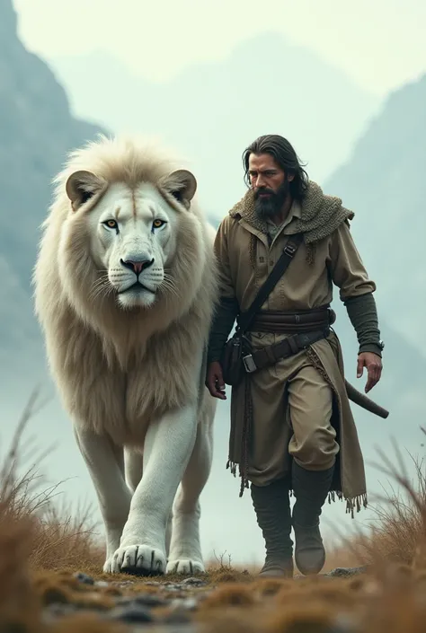 Man and white lion walk together